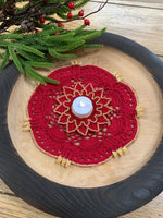 Load image into Gallery viewer, Handmade Crochet Poinsettia Tea Light Holder – Cardinal Red and Gold Table Decor
