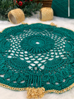 Load image into Gallery viewer, Handmade Crochet Christmas Doily Set – Forest Green and Gold Holiday Table Decor
