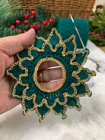 Load image into Gallery viewer, Handmade Crochet Christmas Doily Set – Forest Green and Gold Holiday Table Decor

