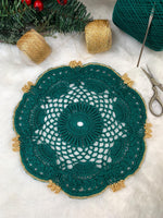 Load image into Gallery viewer, Handmade Crochet Christmas Doily Set – Forest Green and Gold Holiday Table Decor
