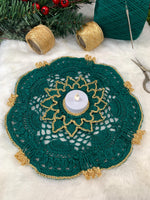 Load image into Gallery viewer, Handmade Crochet Christmas Doily Set – Forest Green and Gold Holiday Table Decor
