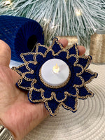 Load image into Gallery viewer, Handmade Crochet Tea Light Holder – Navy Blue and Champagne Gold Victorian Table Decor
