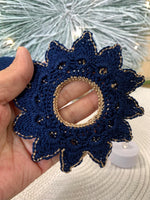Load image into Gallery viewer, Handmade Crochet Tea Light Holder – Navy Blue and Champagne Gold Victorian Table Decor
