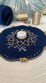 Load image into Gallery viewer, Handmade Crochet Tea Light Holder – Navy Blue and Champagne Gold Victorian Table Decor
