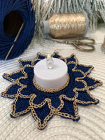 Load image into Gallery viewer, Handmade Crochet Tea Light Holder – Navy Blue and Champagne Gold Victorian Table Decor
