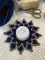 Load image into Gallery viewer, Handmade Crochet Tea Light Holder – Navy Blue and Champagne Gold Victorian Table Decor
