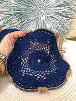 Load image into Gallery viewer, Handmade Crochet Doily 8.5 Inch – Navy Blue and Champagne Gold Elegant Table Decor
