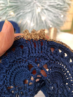 Load image into Gallery viewer, Handmade Crochet Tea Light Holder – Navy Blue and Champagne Gold Victorian Table Decor
