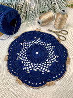 Load image into Gallery viewer, Handmade Crochet Doily 8.5 Inch – Navy Blue and Champagne Gold Elegant Table Decor
