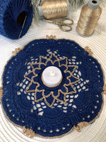 Load image into Gallery viewer, Handmade Crochet Doily 8.5 Inch – Navy Blue and Champagne Gold Elegant Table Decor
