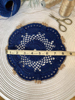 Load image into Gallery viewer, Handmade Crochet Doily 8.5 Inch – Navy Blue and Champagne Gold Elegant Table Decor
