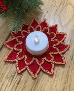 Load image into Gallery viewer, Handmade Crochet Poinsettia Tea Light Holder – Cardinal Red and Gold Table Decor
