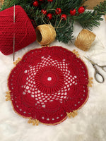 Load image into Gallery viewer, Handmade Crochet Christmas Doily Set, Red and Gold Poinsettia Tea Light Holder, Holiday Table Decor

