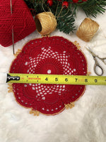 Load image into Gallery viewer, Handmade Crochet Christmas Doily Set, Red and Gold Poinsettia Tea Light Holder, Holiday Table Decor
