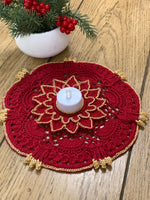 Load image into Gallery viewer, Handmade Crochet Christmas Doily Set, Red and Gold Poinsettia Tea Light Holder, Holiday Table Decor
