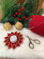 Load image into Gallery viewer, Handmade Crochet Poinsettia Tea Light Holder – Cardinal Red and Gold Table Decor
