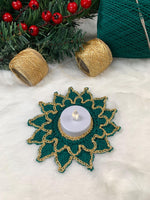 Load image into Gallery viewer, Handmade Crochet Christmas Doily Set – Forest Green and Gold Holiday Table Decor
