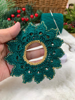 Load image into Gallery viewer, Handmade Crochet Christmas Doily Set – Forest Green and Gold Holiday Table Decor
