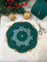 Load image into Gallery viewer, Handmade Crochet Christmas Doily Set – Forest Green and Gold Holiday Table Decor
