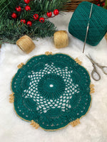 Load image into Gallery viewer, Handmade Crochet Christmas Doily Set – Forest Green and Gold Holiday Table Decor

