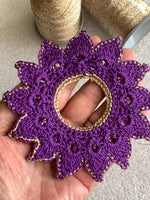 Load image into Gallery viewer, Handmade Crochet Doily Set – Purple and Champagne Gold Victorian Table Decor
