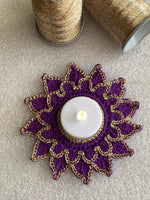 Load image into Gallery viewer, Handmade Crochet Doily Set – Purple and Champagne Gold Victorian Table Decor

