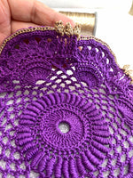 Load image into Gallery viewer, Handmade Crochet Tea Light Doily – Purple and Champagne Gold Victorian Table Decor
