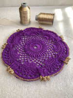 Load image into Gallery viewer, Handmade Crochet Tea Light Doily – Purple and Champagne Gold Victorian Table Decor
