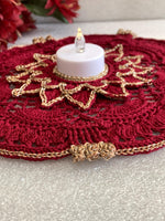 Load image into Gallery viewer, Handmade Crochet Tea Light Doily 4.5 Inch – Burgundy and Champagne Gold Victorian Decor
