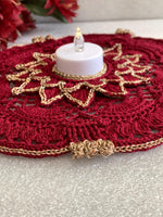 Load image into Gallery viewer, Handmade Crochet Doily Set – Burgundy and Champagne Gold Victorian Table Decor
