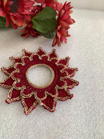 Load image into Gallery viewer, Handmade Crochet Doily Set – Burgundy and Champagne Gold Victorian Table Decor
