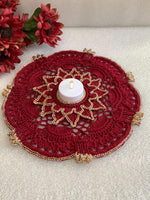 Load image into Gallery viewer, Handmade Crochet Doily Set – Burgundy and Champagne Gold Victorian Table Decor
