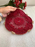 Load image into Gallery viewer, Handmade Crochet Doily Set – Burgundy and Champagne Gold Victorian Table Decor

