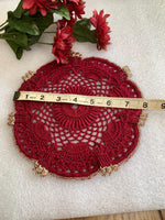Load image into Gallery viewer, Handmade Crochet Tea Light Doily 4.5 Inch – Burgundy and Champagne Gold Victorian Decor

