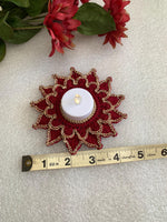 Load image into Gallery viewer, Handmade Crochet Doily Set – Burgundy and Champagne Gold Victorian Table Decor
