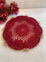 Load image into Gallery viewer, Handmade Crochet Doily Set – Burgundy and Champagne Gold Victorian Table Decor
