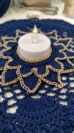 Load image into Gallery viewer, Handmade Crochet Tea Light Holder – Navy Blue and Champagne Gold Victorian Table Decor

