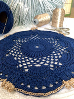 Load image into Gallery viewer, Handmade Crochet Doily Set – Navy Blue and Champagne Gold Victorian Table Decor
