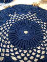 Load image into Gallery viewer, Handmade Crochet Doily 8.5 Inch – Navy Blue and Champagne Gold Elegant Table Decor
