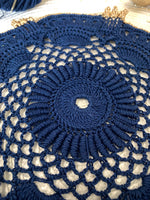 Load image into Gallery viewer, Handmade Crochet Doily Set – Navy Blue and Champagne Gold Victorian Table Decor
