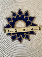 Load image into Gallery viewer, Handmade Crochet Tea Light Holder – Navy Blue and Champagne Gold Victorian Table Decor
