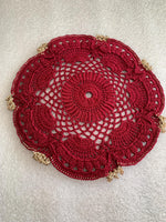 Load image into Gallery viewer, Handmade Crochet Tea Light Doily 4.5 Inch – Burgundy and Champagne Gold Victorian Decor
