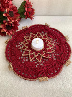 Load image into Gallery viewer, Handmade Crochet Tea Light Doily 4.5 Inch – Burgundy and Champagne Gold Victorian Decor
