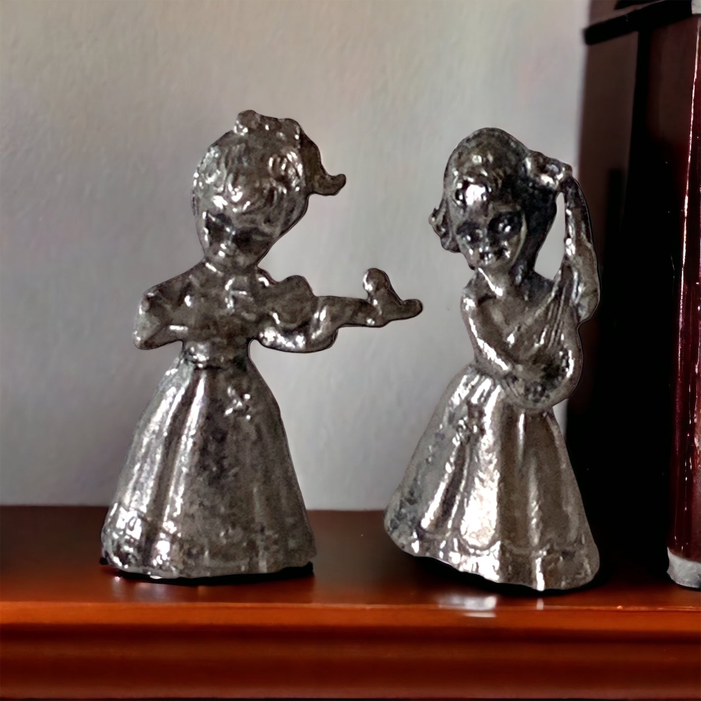 Set Of Two Miniature Pewter Girl Musicians