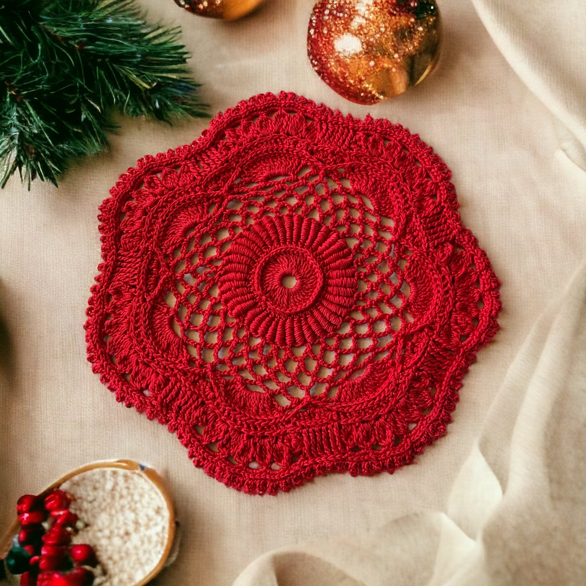8” Textured Red Christmas Doily
