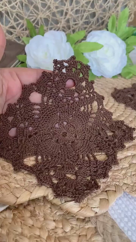 Set of 2 Chocolate Brown Crochet Doilies | 5.5” Square Lace | Handmade Cotton Table Accents