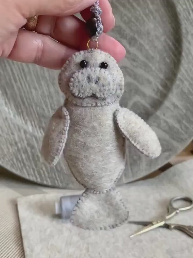 Handmade Felt Manatee Ornament - Car Rearview Mirror or Purse Charm