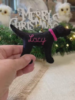 Load and play video in Gallery viewer, Personalized Black Lab Ornament with a crochet collar
