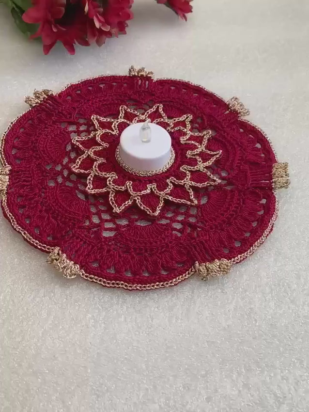 Handmade Crochet Doily Set – Burgundy and Champagne Gold Victorian Table Decor