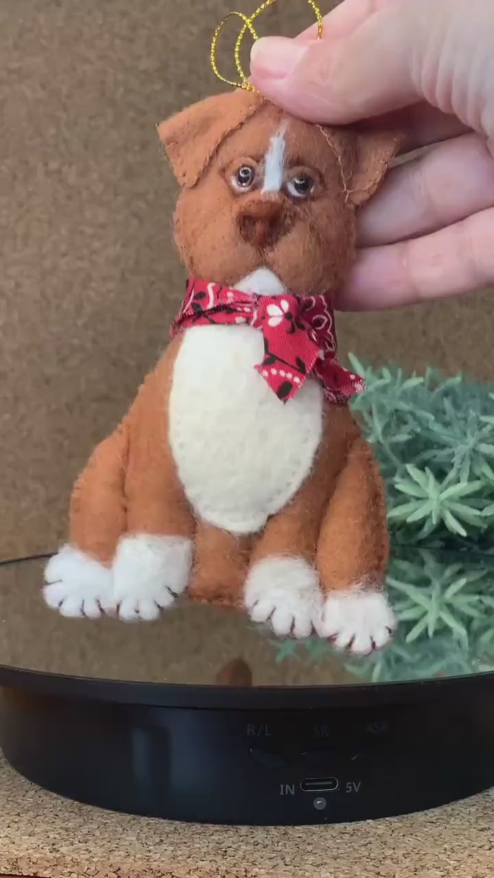 Red Nosed Pitbull Felt Ornament with white patches and white paws with floppy ears